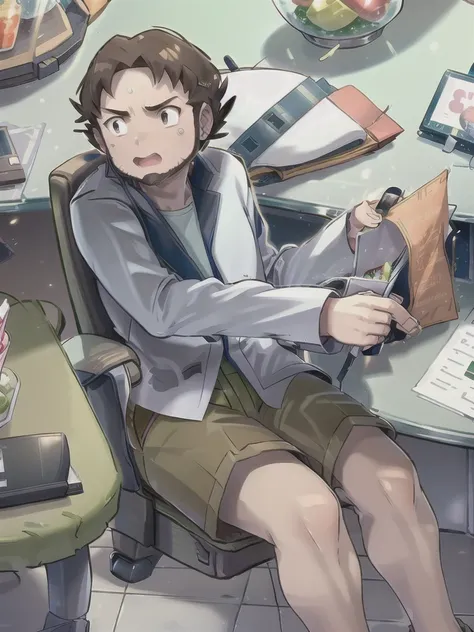 ProfessorBirch, open mouth, 1boy, holding, sitting, male focus, sweat, shorts, indoors, pokemon (creature), chair, desk, paper, labcoat, green shorts