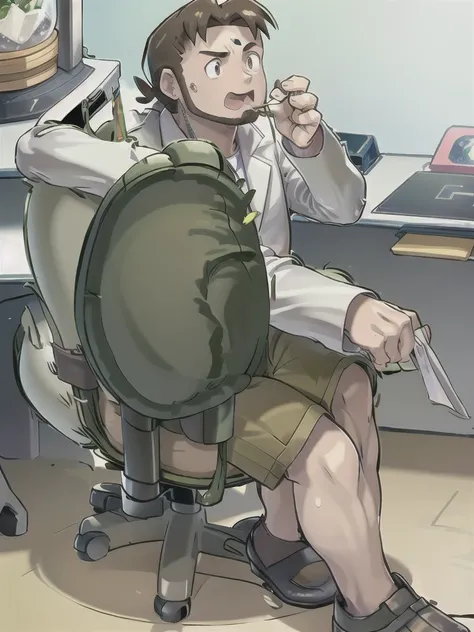 ProfessorBirch, open mouth, 1boy, holding, sitting, male focus, sweat, shorts, indoors, pokemon (creature), chair, desk, paper, labcoat, green shorts