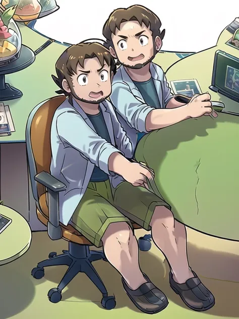 ProfessorBirch, open mouth, 1boy, holding, sitting, male focus, sweat, shorts, indoors, pokemon (creature), chair, desk, paper, labcoat, green shorts