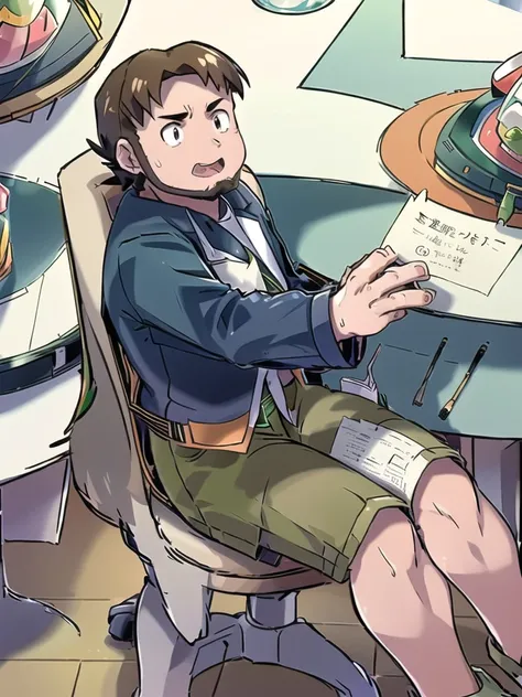 ProfessorBirch, open mouth, 1boy, holding, sitting, male focus, sweat, shorts, indoors, pokemon (creature), chair, desk, paper, labcoat, green shorts