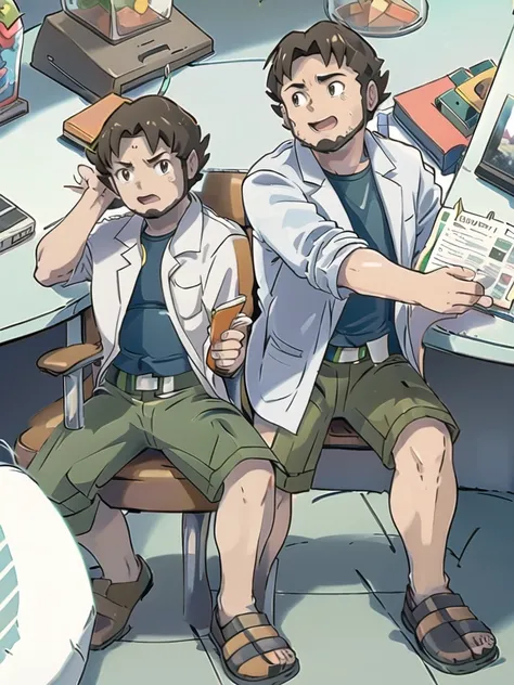 ProfessorBirch, open mouth, 1boy, holding, sitting, male focus, sweat, shorts, indoors, pokemon (creature), chair, desk, paper, labcoat, green shorts