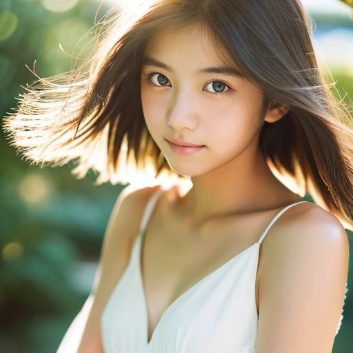 lens: 135mm f1.8,(Highest quality), (Beautiful 14 year old Japanese girl),  (Moist lips), Narrow eyes, double eyelid,Delicate clavicle,Flat Chest,Shortcuts,  shame, A faint smile,
(Spotted sunlight:1.2), Dramatic lighting, 
(White camisole), (Sunburned ski...