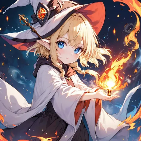 One person、juvenile、Blonde、White skin、blue eyes、Elf Ears、Witchs Pointy Hat、Wizard、Robe、Holding a wand in one hand、Hold your wand in front of you、Use fire magic