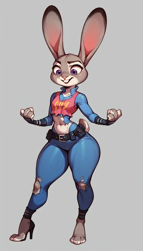 judy hopps, detailed fur, thick thighs, torn crop-top, high heels