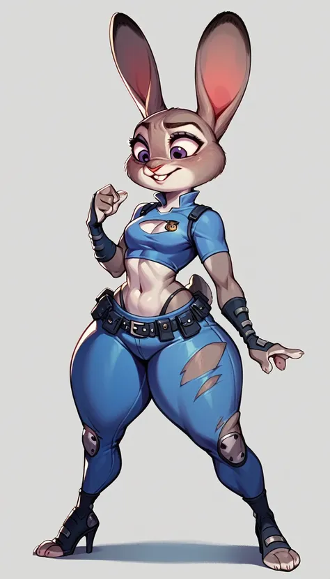 judy hopps, detailed fur, thick thighs, torn crop-top, high heels