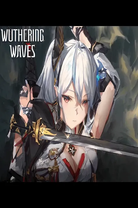 a woman holding a sword in front of a dark background, holding a long sword | divine, from the azur lane videogame, soaring waves, holding a sword on her shoulder, official art, advanced digital anime art ”, characters from azur lane, wielding a keris swor...