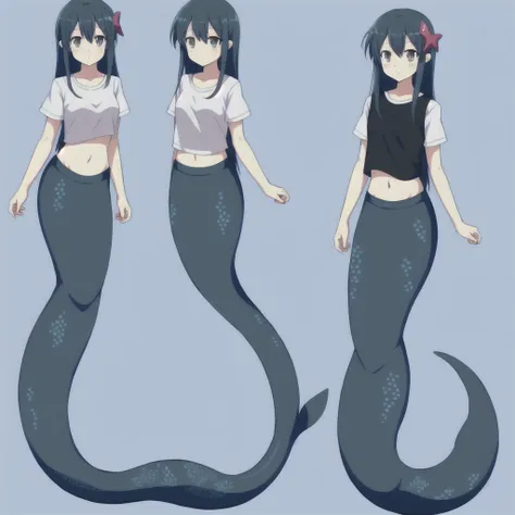 (mermaid:1.0), black long mermaid tail, full body, midriff shirt, beautiful perfect symmetrical face, beautiful cute anime teenager girl, full body,, comic styled, under the se