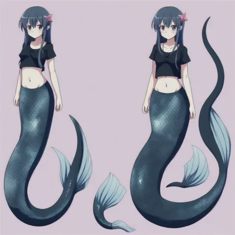 (mermaid:1.0), black long mermaid tail, full body, midriff shirt, beautiful perfect symmetrical face, beautiful cute anime teenager girl, full body,, comic styled, under the se