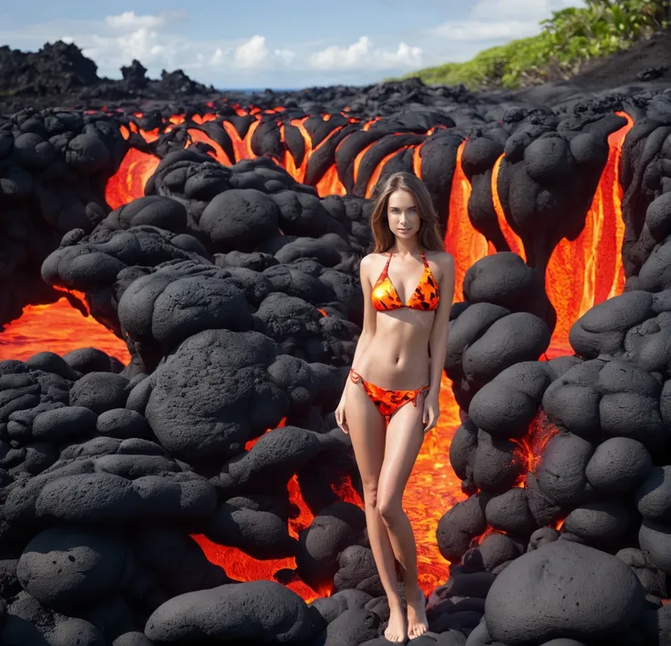 Young woman in bikini made of lava