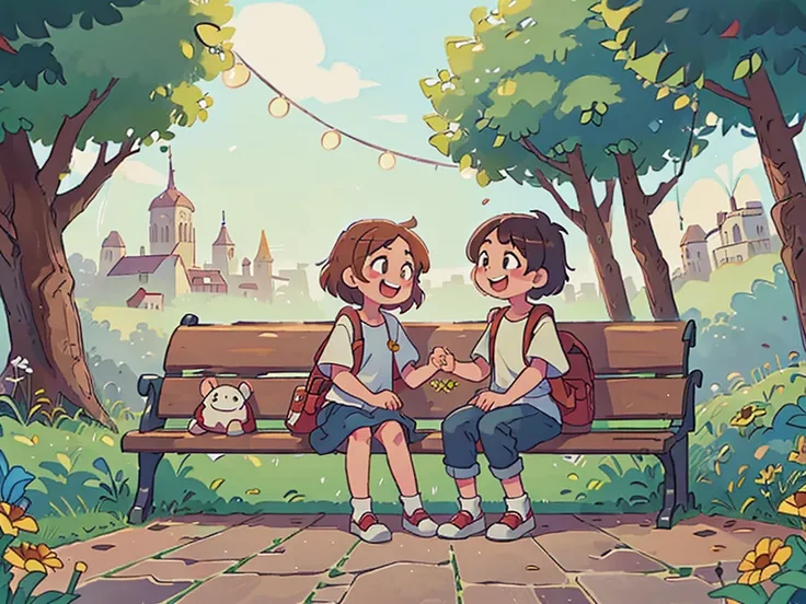 couple sitting on a bench, laughing, looking at each other, holding hands low, couple same hight