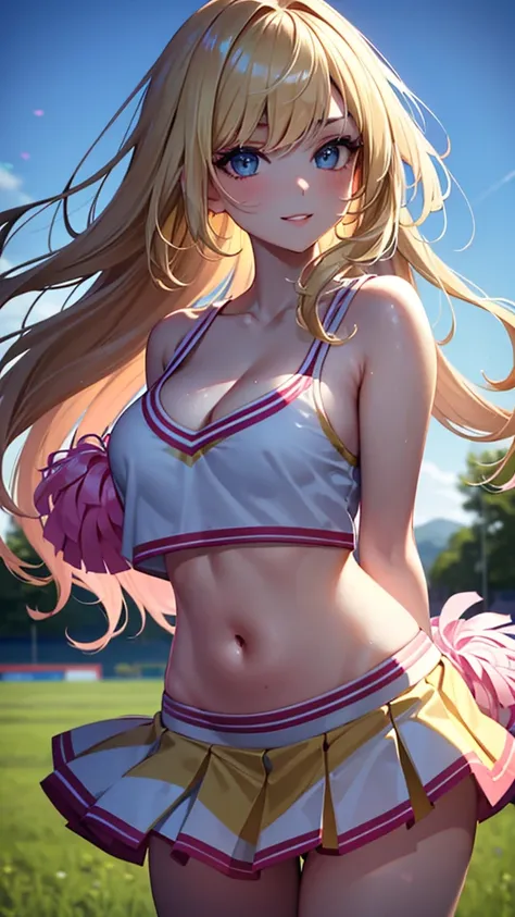 Highest Quality, ​masterpiece, beautifully detailed eyes, lightly curled Blonde Hair, Gradient Hair, pink highlights in hair, makeup, glossy lips, full lips, medium breasts, (cheerleader), cleavage, collarbone, midriff, (school field), smirk