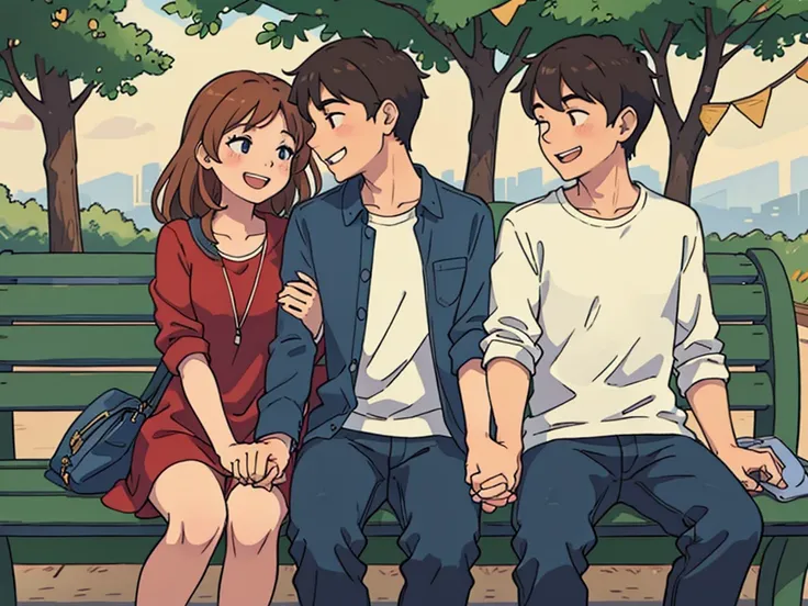 couple sitting on a bench, laughing, looking at each other, holding hands in lap, couple same hight