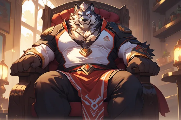 lindong, lucusold, semirealistic:1.3, a close up of a person sitting in a chair with a glass, furry chest, pov furry art, winston from overwatch, thick furry neck and chest fluff, thicc, fluffy chest, (sfw) safe for work, commission for high res, fullbody ...