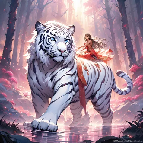 beautiful detailed Hindu goddess Durga, riding a fierce white tiger, Vibrant and realistic colors, surreal landscape, ethereal atmosphere, mystical forest, magical moonlight, dreamlike water reflections, dynamic composition, enchanting scene, intense and c...