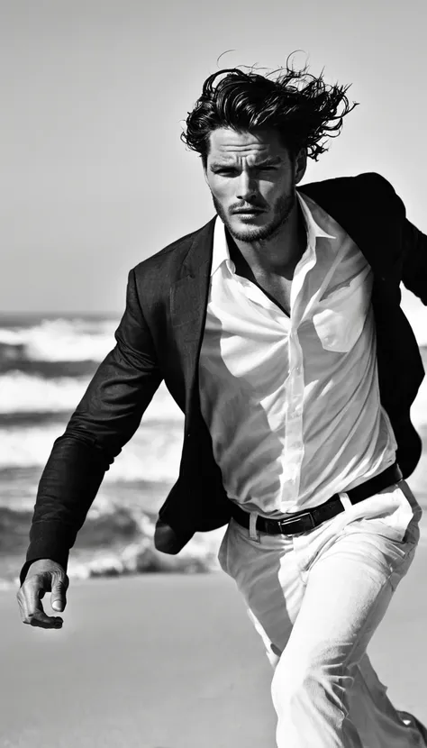 Beach, noon, 1man, fashion photoshoot, photographed by Peter Lindbergh, ultra high definition, realistic, perfect hands, dynamic angle, masculine pose
