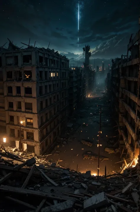 anime scene kingdom at night destroyed in complete chaos and ruins with a pile of bones overlooking the kingdom
