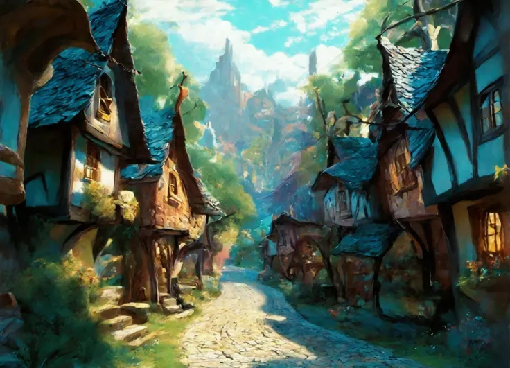 a close-up of a cartoon village with a path between several houses in a village in the Enchanted Forest, beautiful rendering of a fairy tale, Magic Village, medeival Fantasy City, sunlight and extravagant houses, Stylized 3D rendering, a bustling magical v...