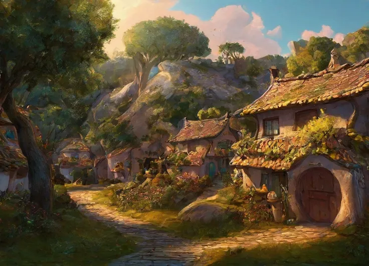 a close-up of a cartoon village with a path between several houses in a village in the Enchanted Forest, beautiful rendering of a fairy tale, Magic Village, medeival Fantasy City, sunlight and extravagant houses, Stylized 3D rendering, a bustling magical v...