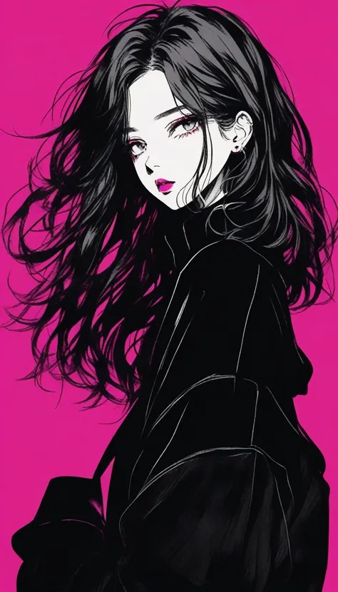 (Highest quality, sketch:1.2), Dark monochrome background, Japanese Manga,Illustrator,Japanese Manga,1 Girl, Delicate lips,sweater,custom,background completely black, Neon Hair,Texture Clipping,Canadian, masterpiece, style: Retro Classic, 深いblack, art, ske...