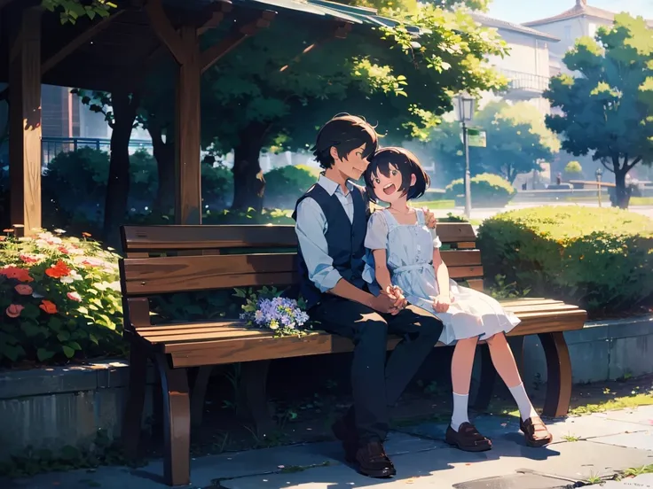 boy and girl sitting on a bench, laughing, looking at each other, holding hands in lap, holding flowers