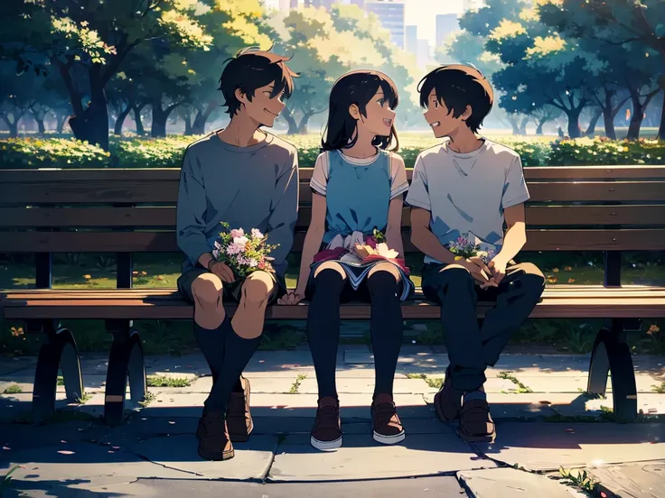 boy and girl sitting on a bench, laughing, looking at each other, holding hands in lap, holding flowers