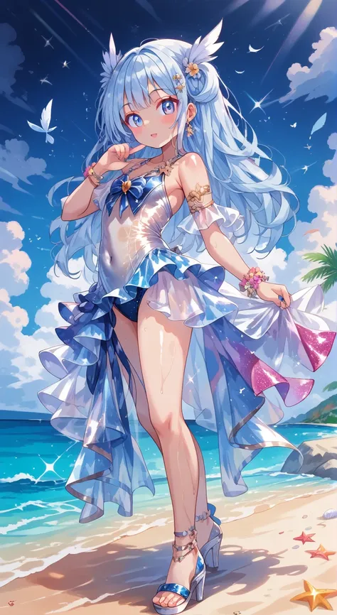 score_9, score_8_up, score_7_up, source_anime,masterpiece, best quality, high resolution, extremely detailed CG, absurdres, highres, 1girl, a dark skin girl in a swimsuit, posing at the beach, (((light blue hair))), golden_decorations, feathers on swimsuit...