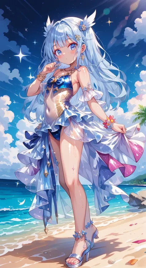 score_9, score_8_up, score_7_up, source_anime,masterpiece, best quality, high resolution, extremely detailed CG, absurdres, highres, 1girl, a dark skin girl in a swimsuit, posing at the beach, (((light blue hair))), golden_decorations, feathers on swimsuit...