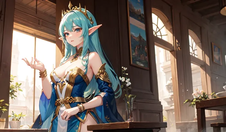 ((best quality)), ((masterpiece)), (detailed), 1girl, Mystical Elf Woman,Taking a break from adventure,Very attractive,She is a very beautiful and healing woman.。Otherworldly Adventure