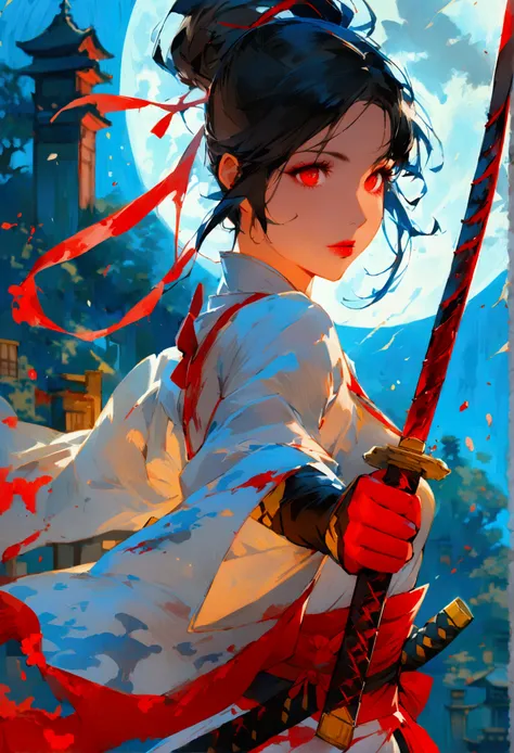 i am creating an illustration of a beautiful japanese kunoichi. she has black hair and red eyes, and the background features a s...