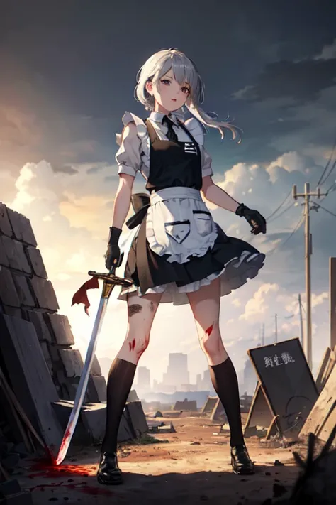 ((Super best quality:1.6)), ((masterpiece:1.4)), (detailed:1.4), ((Ultra-high resolution:1.6)), (detailedな顔), girl, cute, Silver Hair, Small breasts, (Black Dress, White apron, Classic maid outfit, Long) Burning Battlefield, battlefield, Flaming, (崩壊した壁紙やr...