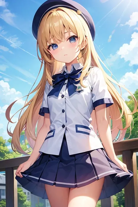 10 year old girl、uniform、Blonde、Standing with your legs apart、Confident々Expression、Background is blue sky