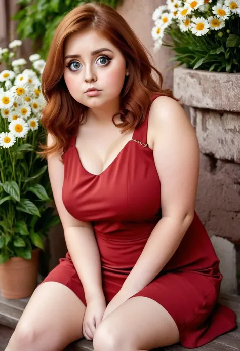 girl, , chubby,with red dress with flowers, russet hair, and big eyes, best qualityer,sitting