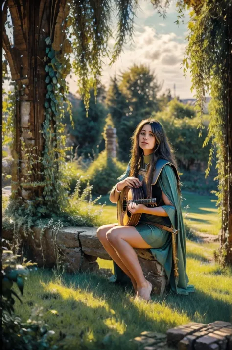 A serene, cinematic photo capturing Deedlit from Record of Lodoss War, sitting gracefully on an ancient stone bench. She is playing her lute guitar, with her long hair and cloak gently fluttering in the soft breeze. The dappled sunlight filters through the...