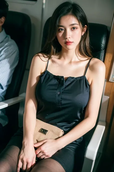 (masterpiece, Highest quality, 8K, RAW Photos, beautifully、beautiful:1.2),  Intricate details, indirect lighting, Realistic,
whole body, Sitting on a chair on the train、Gazing at the audience、Voyeur、
 Square neck button-down linen sundress, (Ultra-realisti...