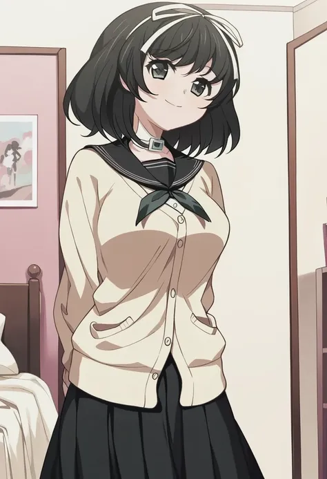 score_9, score_8_up, score_7_up, 
1girl, hokari kanae, black hair, medium hair, black eyes, hair ribbon, white ribbon,
medium breasts,
standing, indoors, bedroom, looking at viewer, smile,
, cardigan, black sailor collar, black skirt, arms behind back,