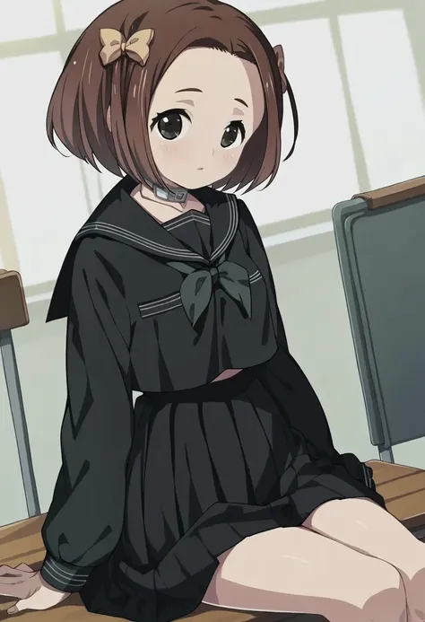 score_9, score_8_up, score_7_up, 
1girl, makiba rika, brown hair, medium hair, black eyes, parted bangs, forehead, hair bow,


black serafuku, black skirt, sitting, classroom, blush, looking at viewer,