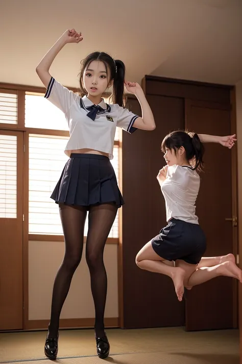 (((young japanese girls jumping  wearing short sleeve high school uniform))),(full body shot:2),  natural lighting, ultra sharp ...