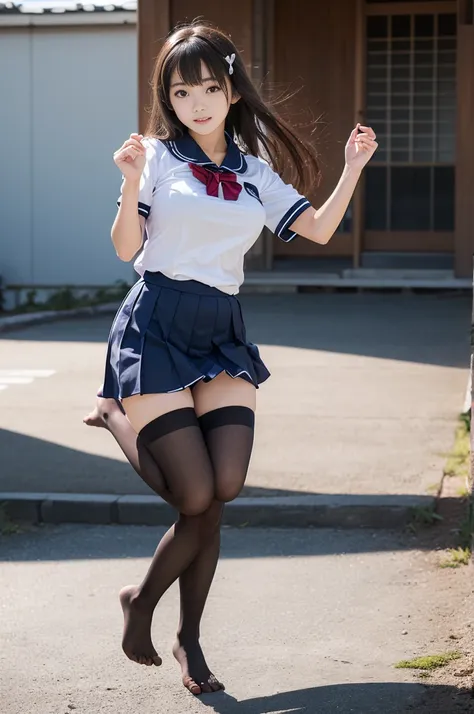 (((young japanese girls jumping  wearing short sleeve high school uniform))),(full body shot:2),  natural lighting, ultra sharp ...