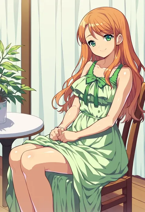 score_9, score_8_up, score_7_up, 
1girl, orange hair, long hair, green eyes, smile, looking at viewer, green dress, sitting, ind...