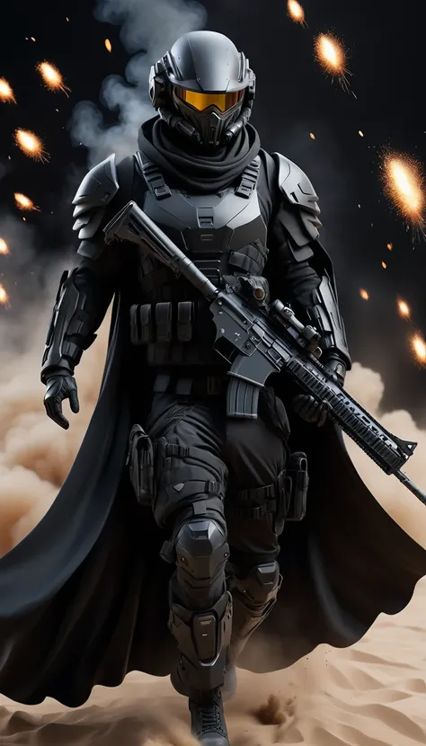 {complete figure of a futuristic soldier in a black cloak, equipped with a high-tech full-face combat helmet and advanced tactical vest, holding a long-barreled automatic rifle, background featuring explosive effects, fire, and smoke, with flying debris an...