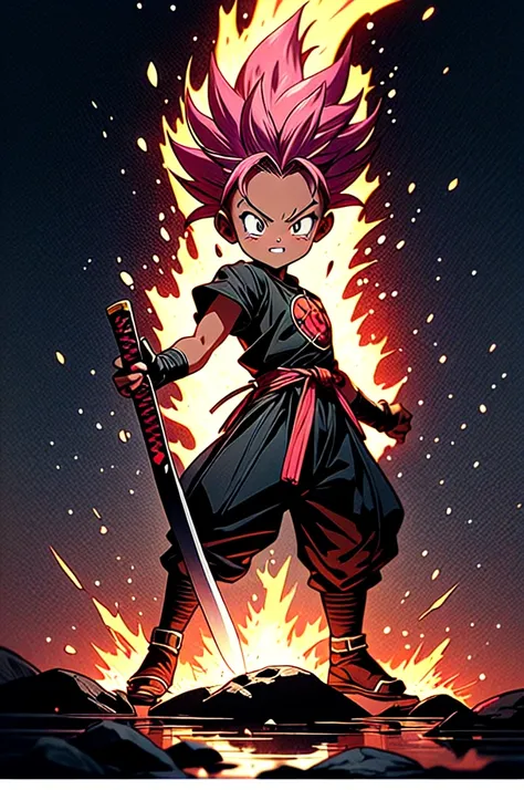 manga style, classical, art by akira toriyama, absurdres,1girl, gradient hair, pink hair, dark skinned,short Knight outfit,swinging a blazing fire katana,full body shot,detail medieval daungon backgroung 