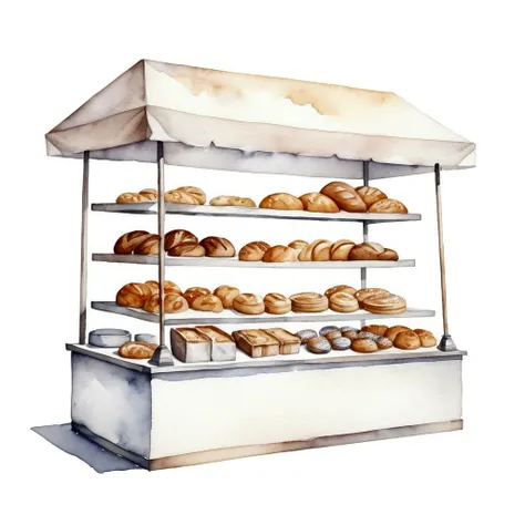 single bakery food stall, many type full of bread, cake illustration, baking ingredients, isolated with solid white background, ...