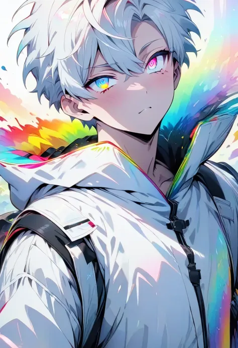 [(white background:1.5)], ((masterpiece)), high quality, ((solo)), ((1 younger boy)), (white color short hair), (rainbow color e...