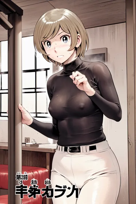 (野球uniform:1.2),
blonde, (short hair:1.2),Long sleeve, Black Shirt, turtleneck,White trousers、uniform、Black belt、((People illustrations))、big 、
View your audience,, (Highest quality:1.3),One Girl, White pants、uniform、Outdoor、baseball ground、ground、soil、blu...