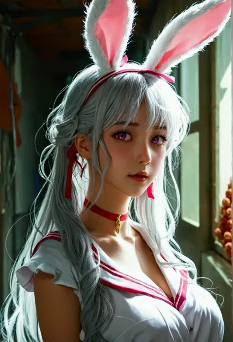 Manhwa, call girl, bunny ears, anime woman, long hair, white-gray hair, pink eyes, sailor suit