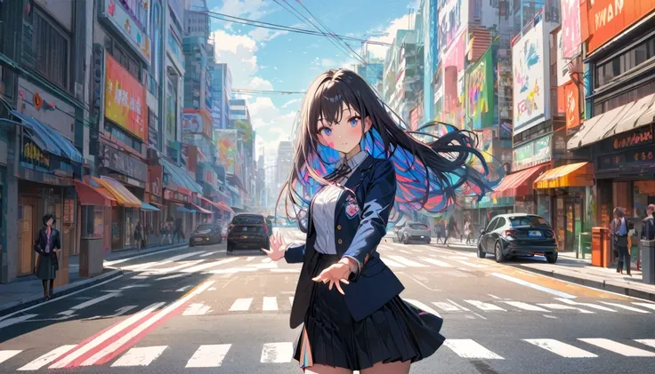 One girl, Black and long straight hair, Sharp Hair, Reaching out to your audience, Facial Contour, Recall, skirt, blazer, In the city, on the road, noon, bright, colorful, High resolution, Very delicate, Super detailed, 8K