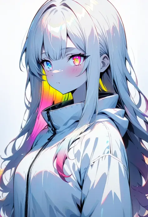 [(WHITE BACKGROUND:1.5)], ((masterpiece)), high quality, ((solo)), ((1 younger girl)), (white color long hair), (rainbow color eye), bright skin, white parka, upper body, ((anime style)), 