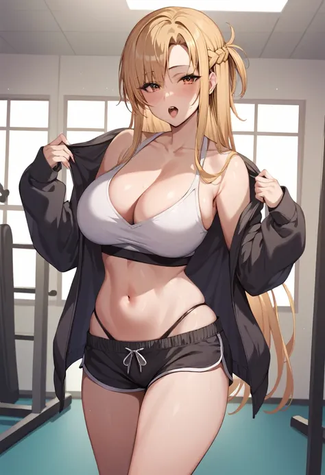 masterpiece, best quality, SimplePositiveXLv2, yuuki asuna, 1girl, solo, long hair, breasts,  large breast, curvy, blonde hair, cleavage, naked Hoodie, open Hoodie, Cleavage breast, gym, indoors, black hoodie, navel, thong, collarbone, midriff, open_mouth,...