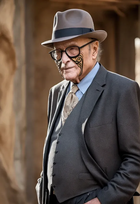 a rich old man in a suit, only upper body, with a fedora , mask on his face 