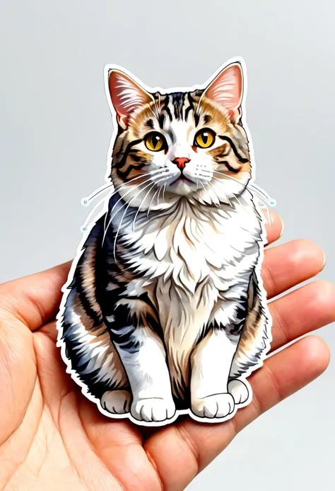 Um sticker com um gato da raça Kurilian Bobtail, with text "Kurilian Bobtail", 3D watercolor style painting, American Shorthair cat, full picture, High contrast high resolution (photorrealistic:1.5), White background, sticker style, (raw photos, 8k hd,